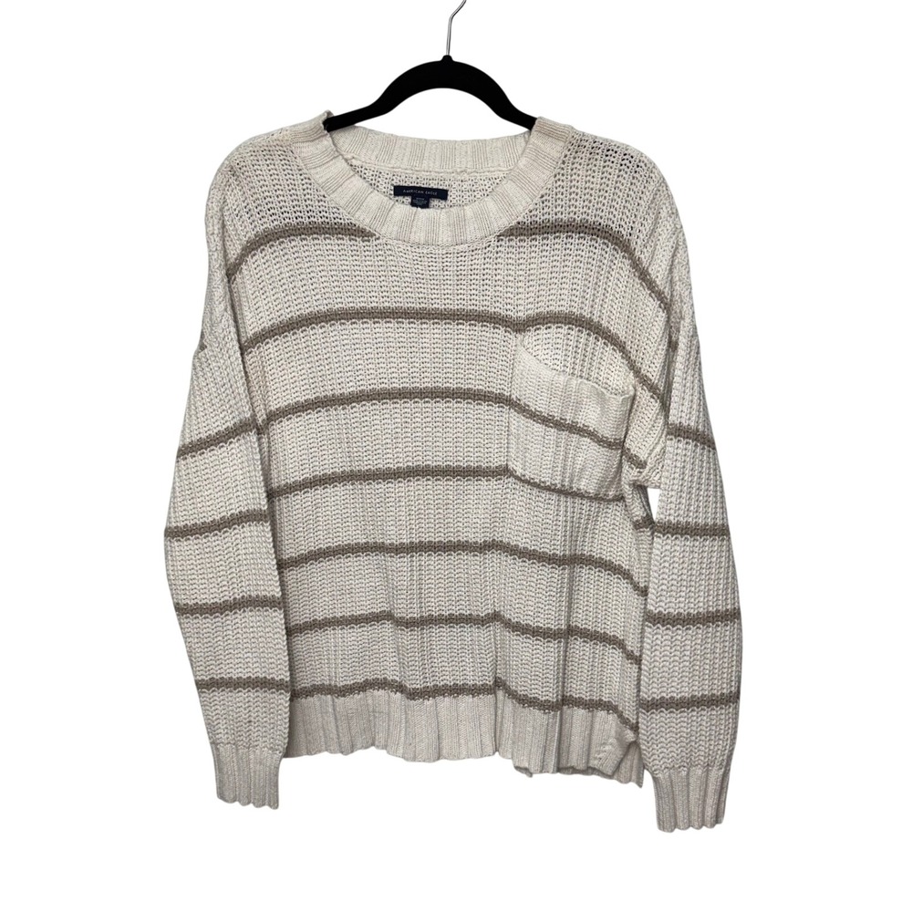 American Eagle Oversized Striped Sweater Womens Medium Pocket Knit Crew‎ Neck